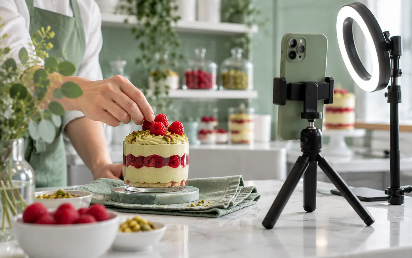 Bastidor de gravação de conteúdo para o Instagram de uma doceria