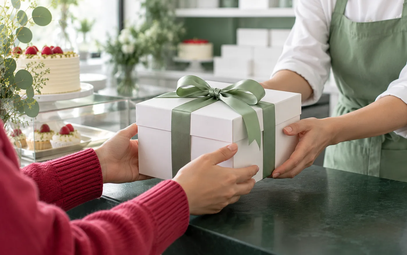 Cliente recebendo uma encomenda no balcão da doceria