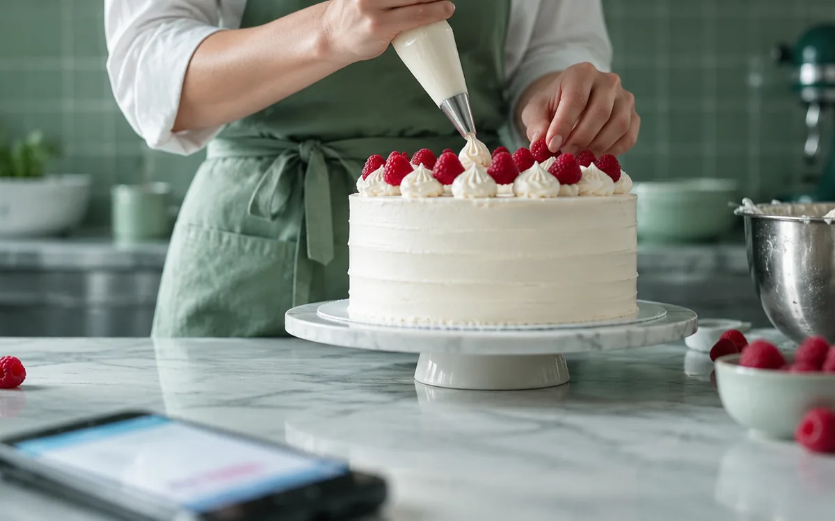 Confeiteiro decorando bolo enquanto mensagens de atendimento no WhatsApp chegam no celular da doceria