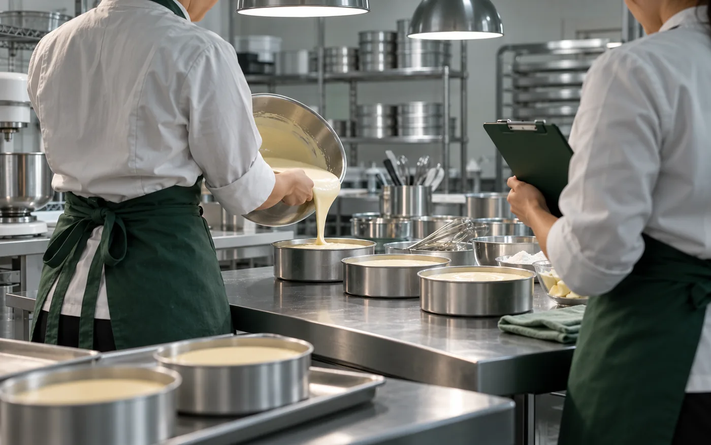Equipe de confeitaria seguindo a ficha técnica para produzir um bolo