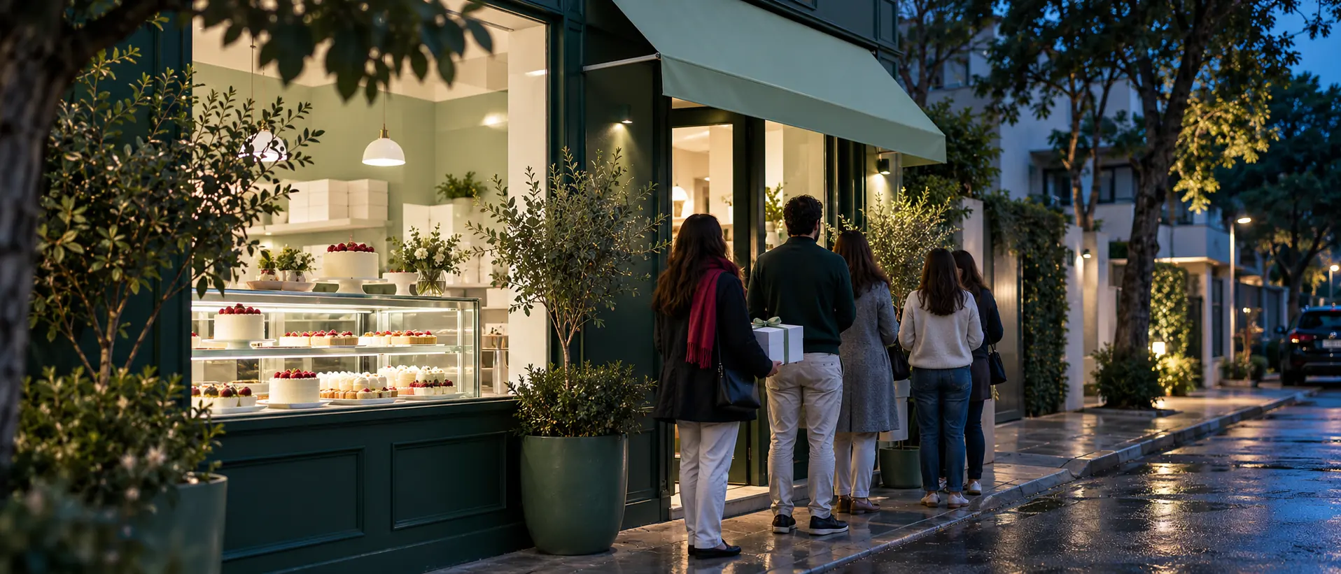 Fila de clientes na porta de uma doceria ao entardecer, sinal de alta demanda de encomendas