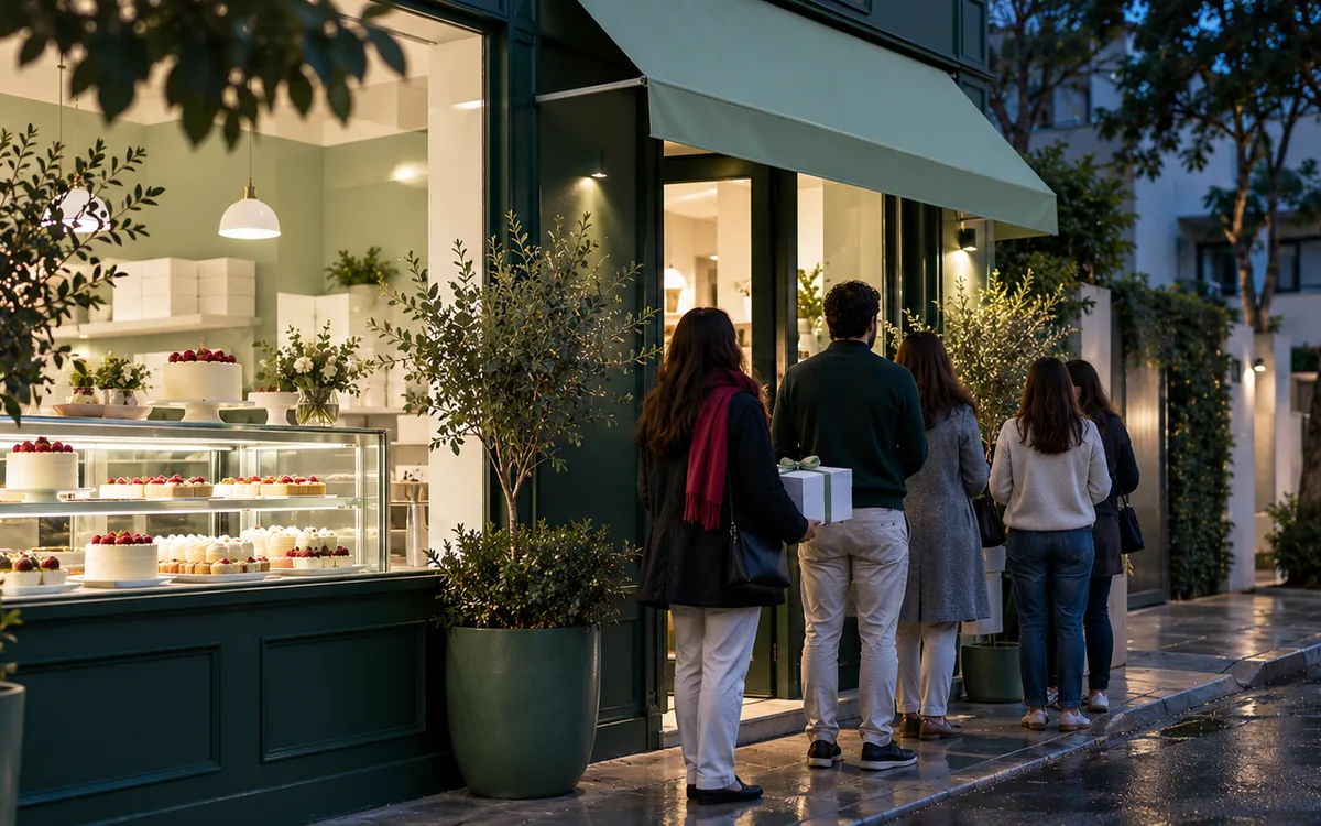 Fila de clientes na porta de uma doceria ao entardecer, sinal de alta demanda de encomendas