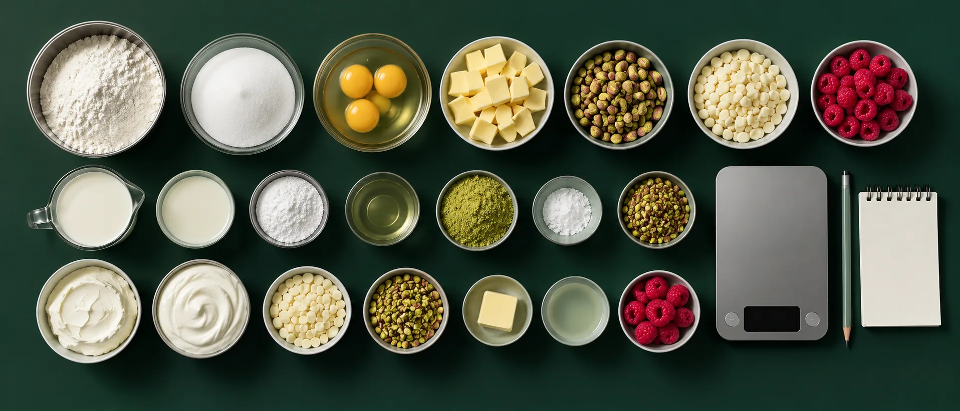 Ingredientes pesados e organizados para a ficha técnica de um bolo na confeitaria