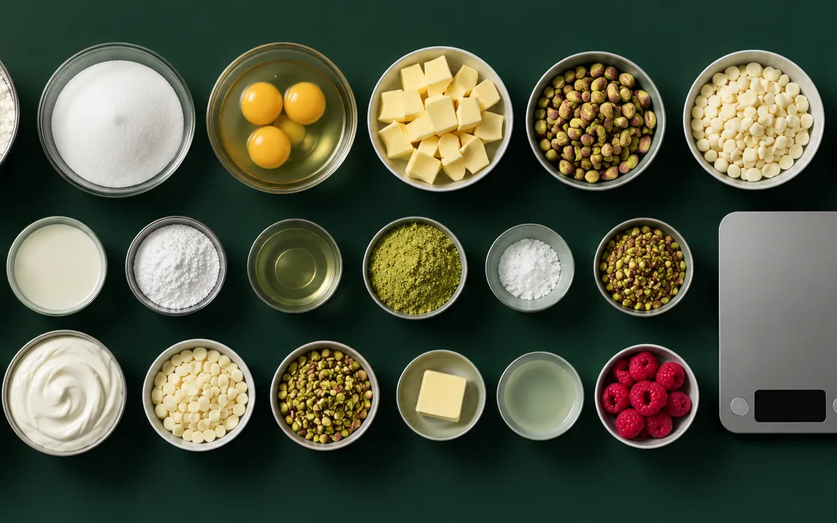 Ingredientes pesados e organizados para a ficha técnica de um bolo na confeitaria