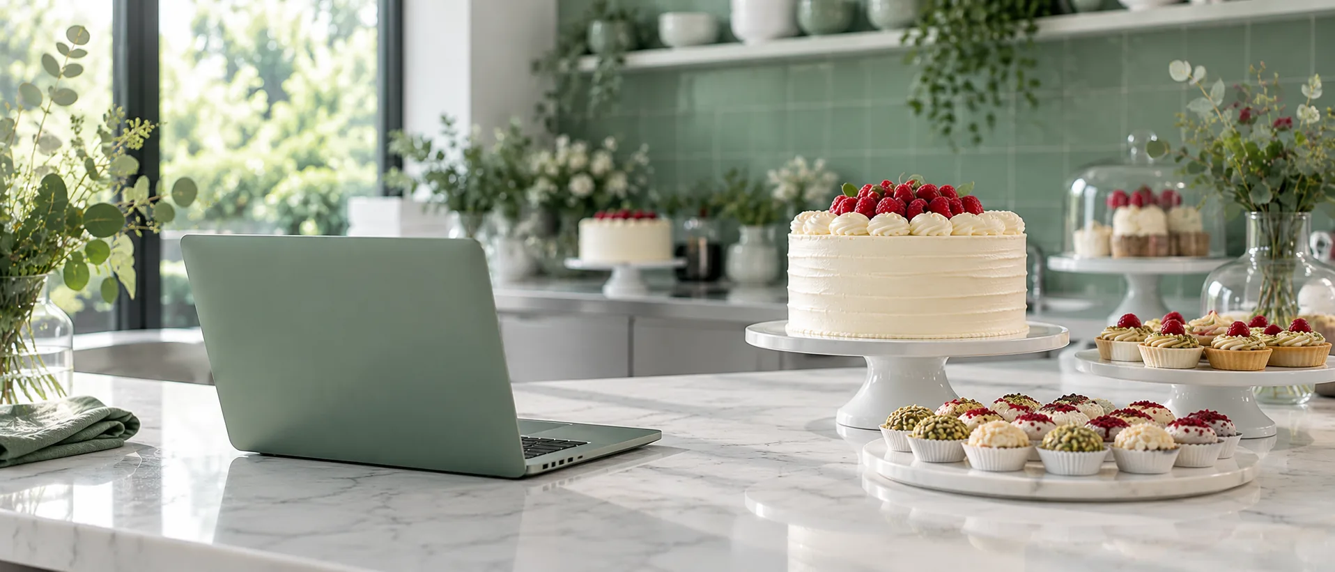 Site para doceria representado por um notebook aberto no balcão ao lado da vitrine de doces