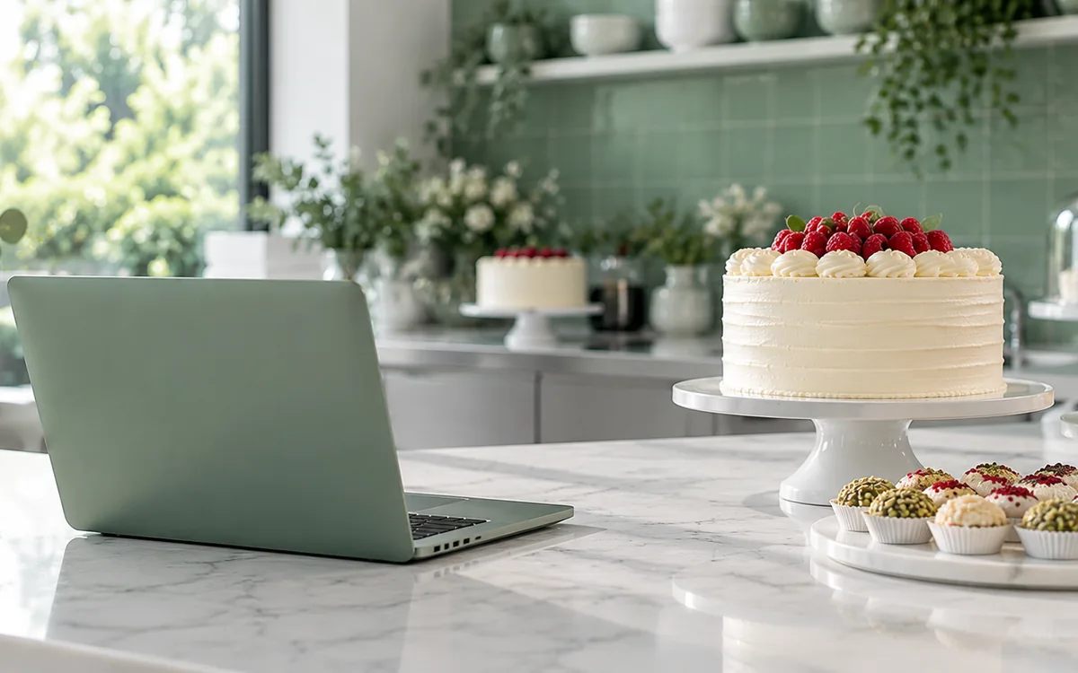 Site para doceria representado por um notebook aberto no balcão ao lado da vitrine de doces